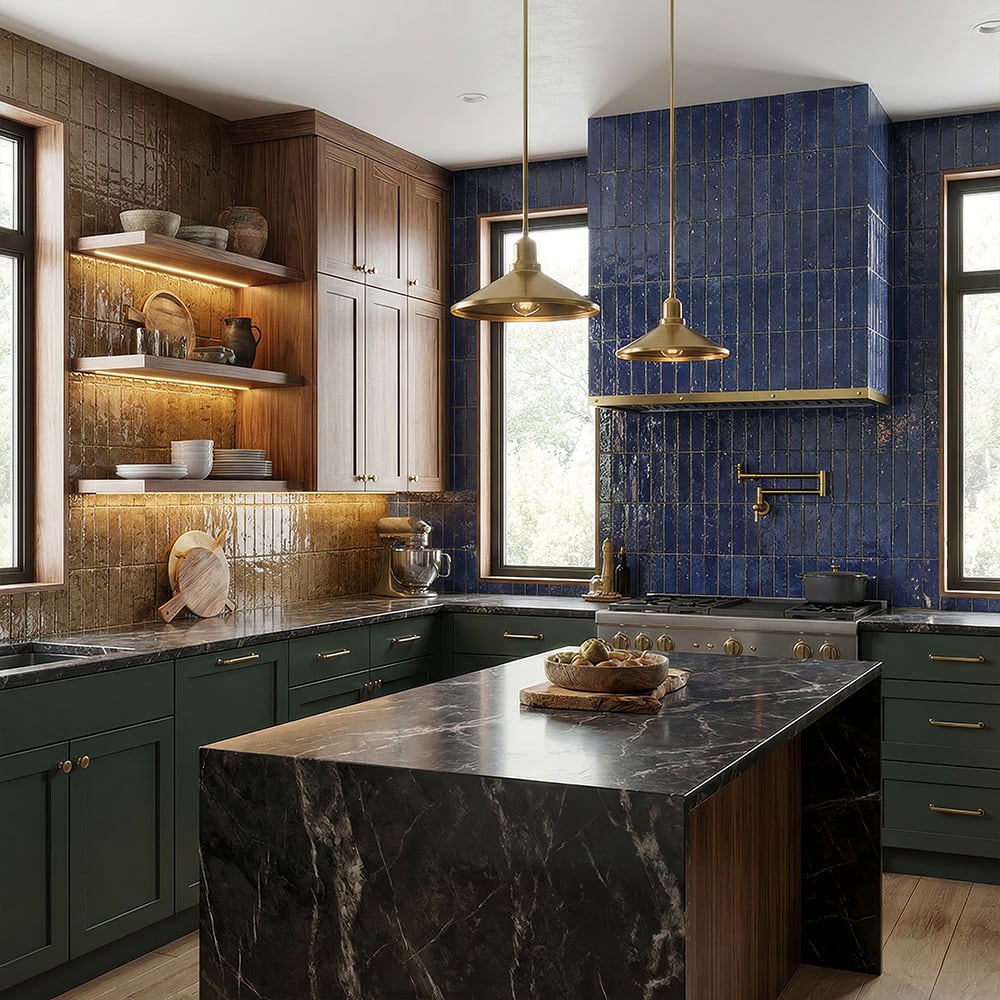 blue thin brick backsplash with black countertops