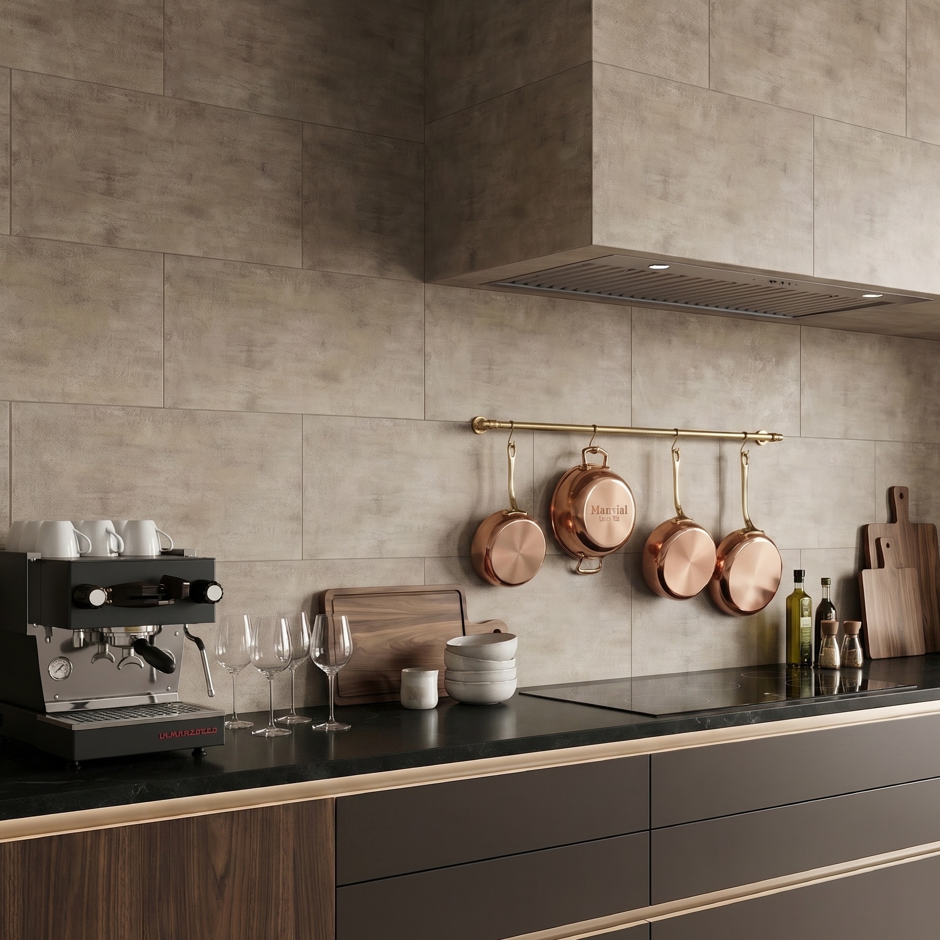 concrete look porcelain tile backsplash with black countertops