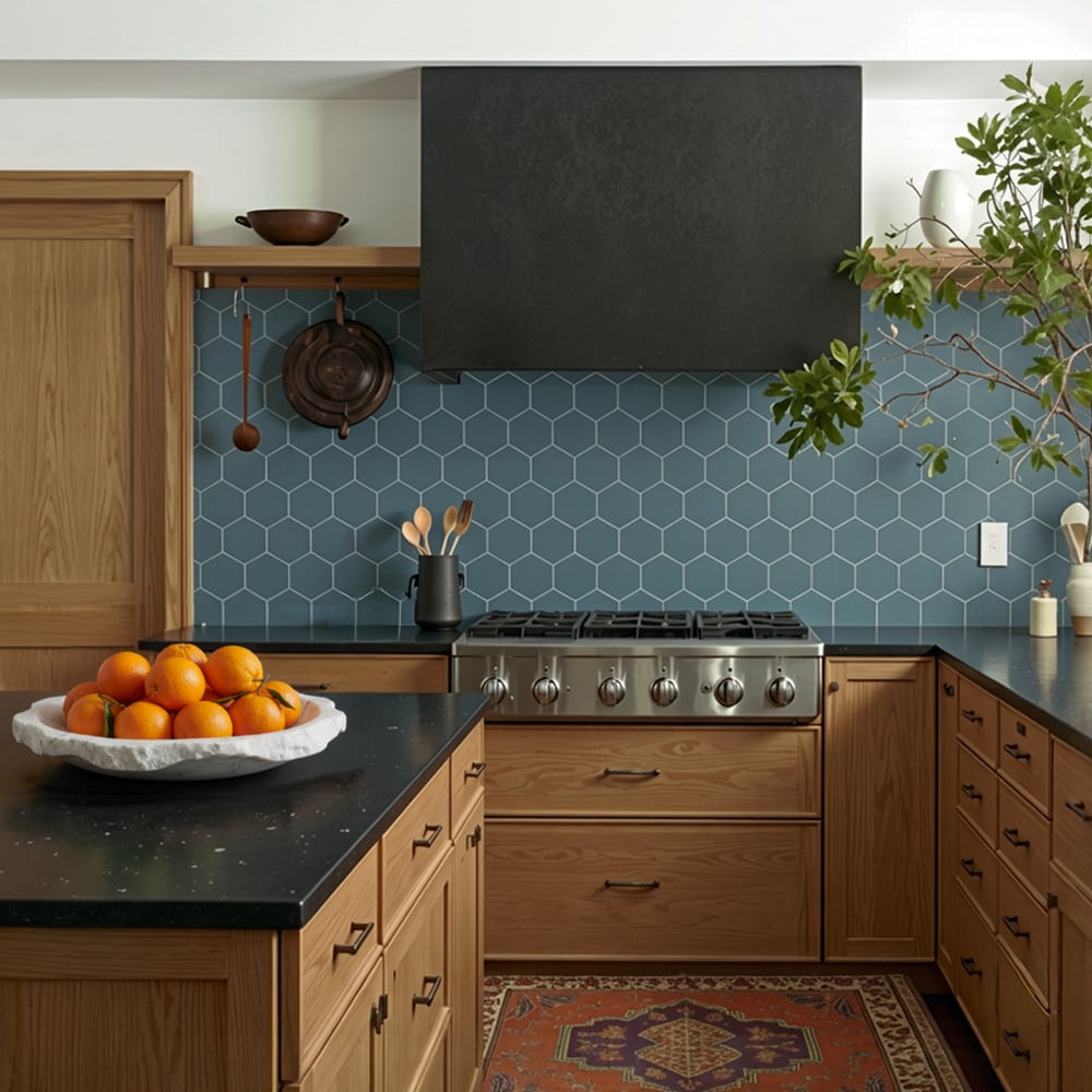 blue hexagon backsplash tile with black countertops