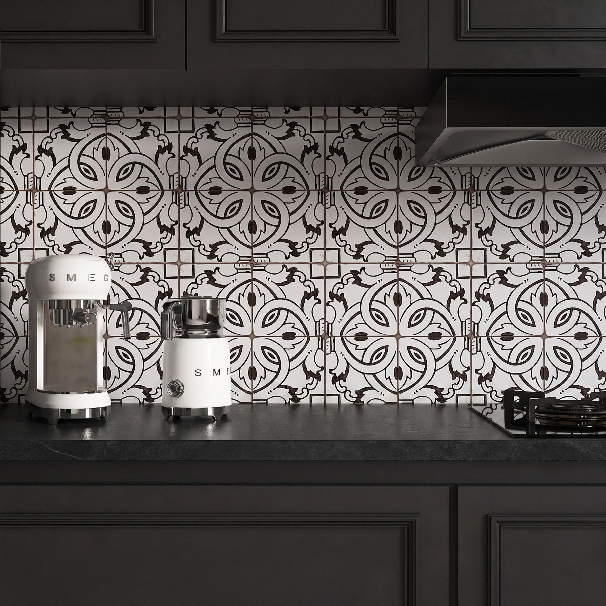 patterned tile backsplash with black countertops