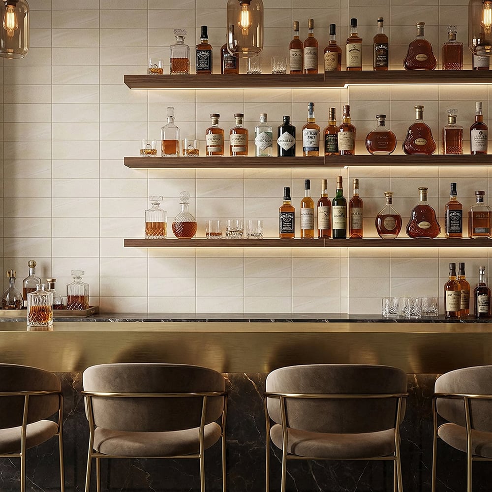 porcelain subway tile backsplash with black countertops