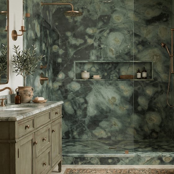 green marble slab shower walls