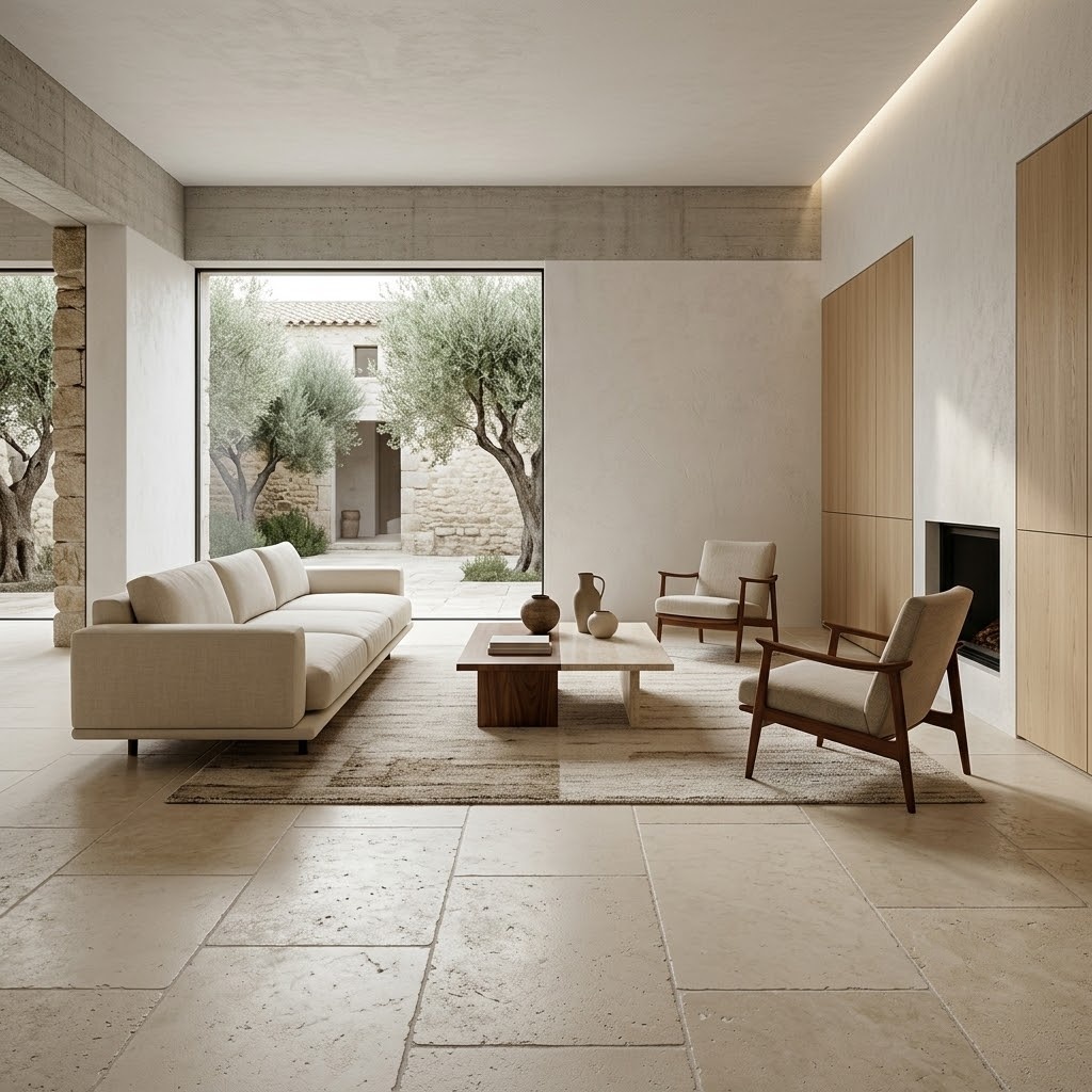 Warm minimalist luxury living room in New Jersey, capturing the floor covered in large, rectangular Alexander Cream Tumbled Limestone Tiles.