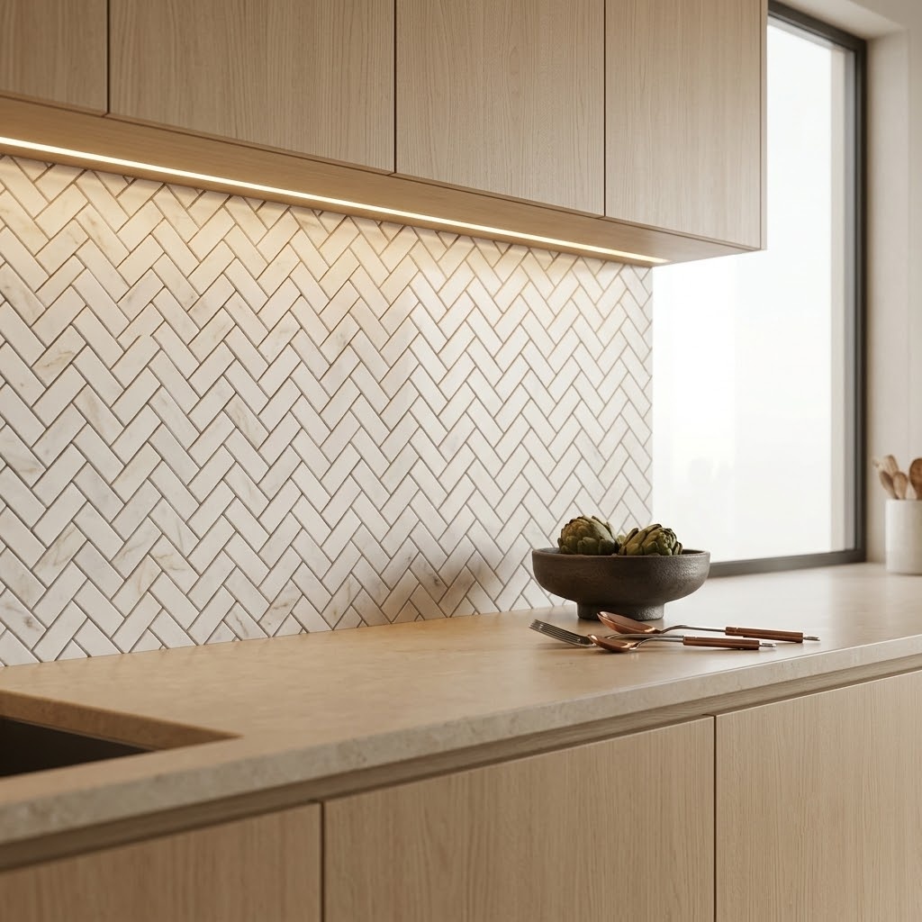 Luxury kitchen featuring a backsplash made of Avalon polished herringbone 1x2 marble mosaic tiles in Fairfax.