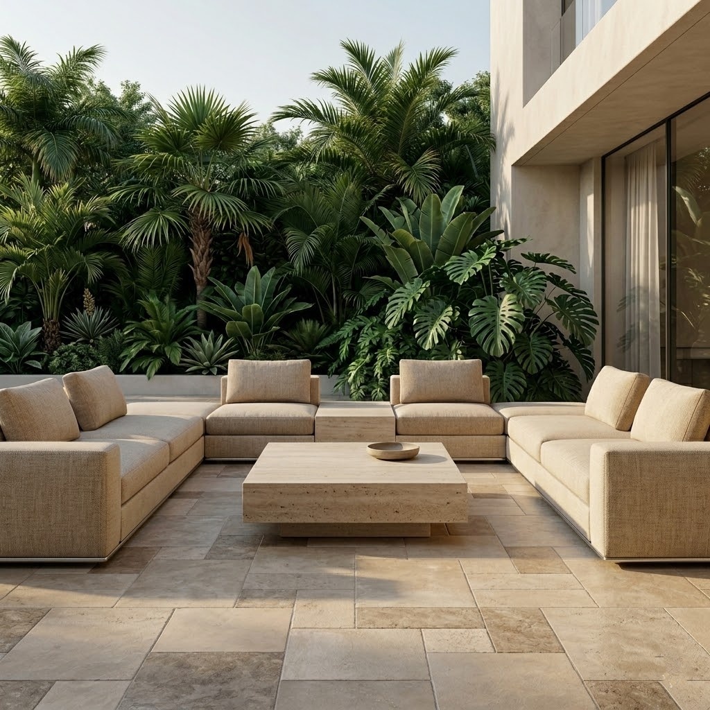 Luxury Miami patio featuring limestone tile flooring.