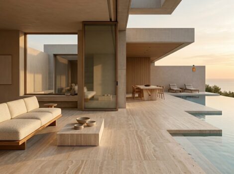 Luxury modern Miami villa featuring extensive light travertine vein cut stone slab.