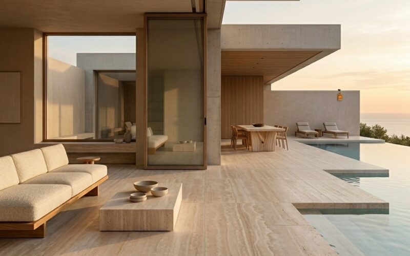 Luxury modern Miami villa featuring extensive light travertine vein cut stone slab.