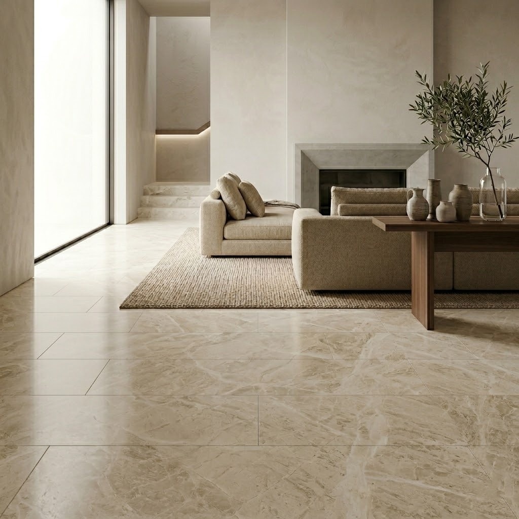 Modern New Jersey luxury living room featuring large format, beige polished marble floor tiles.