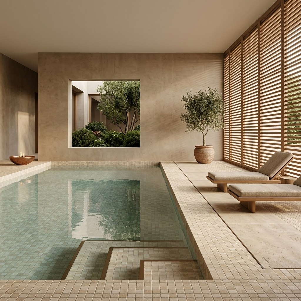 Luxury indoor pool area in Anaheim featuring Ivory Honed 1x1 Travertine Mosaic tile.