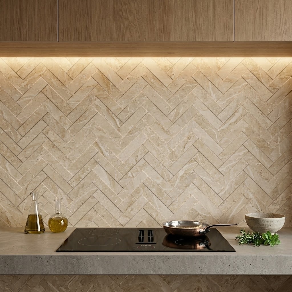 Architectural Digest style photograph of a warm minimalist luxury kitchen in Anaheim.