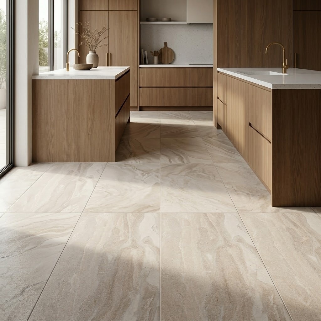 Modern luxury kitchen interior with smooth Honed Beige Marble Tile flooring, supplied by marble stone experts in Fairfax.