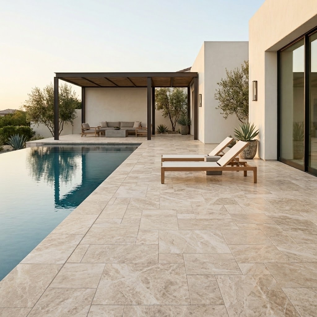 Discover beige textured marble pavers in this modern New York rooftop patio.