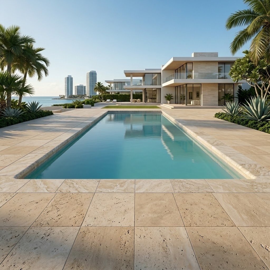 Travertine patio tiles around a Miami pool.