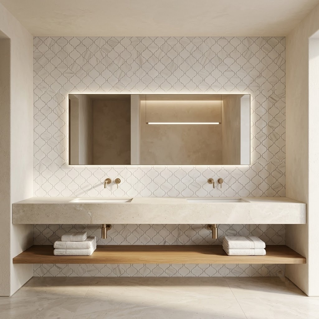 Bianco Dolomiti classic polished arabesque marble mosaic tile installed as a commercial bathroom in Fairfax.
