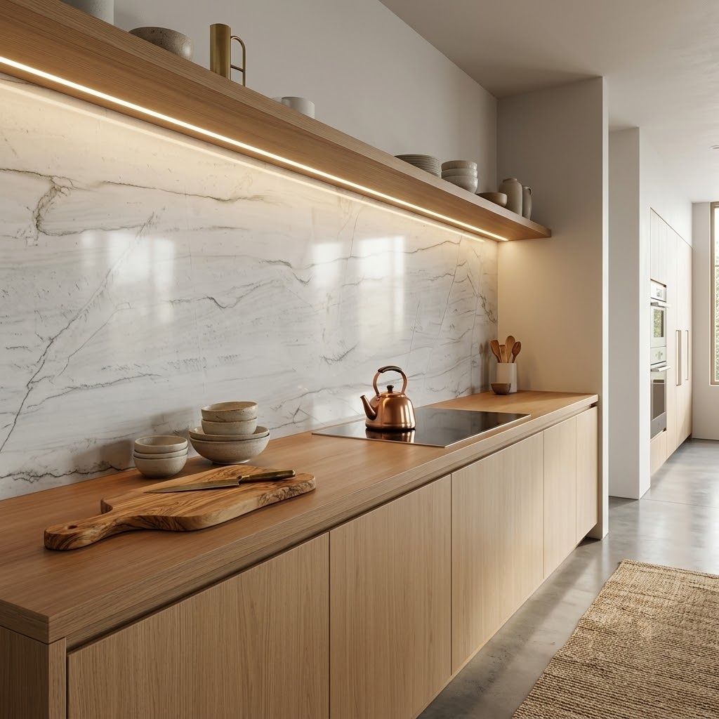 A modern kitchen in Anaheim featuring a backsplash made from Bianco Superiore polished quartzite slab.