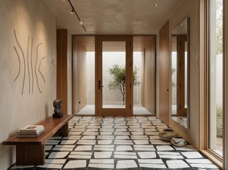 Modern entryway in a New Jersey home showcasing geometric Black and White Honed Eames Marble Mosaic floor tiles.