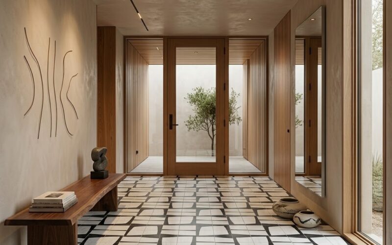 Modern entryway in a New Jersey home showcasing geometric Black and White Honed Eames Marble Mosaic floor tiles.