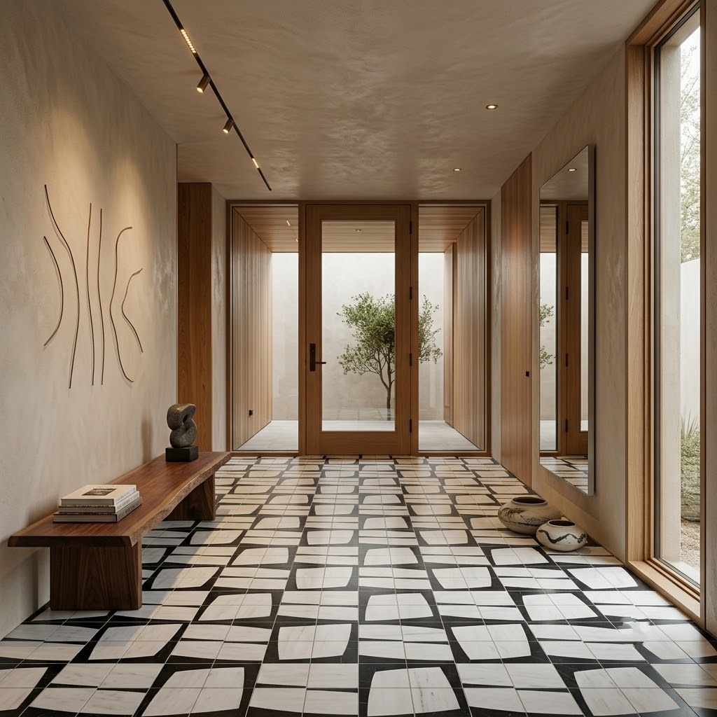 Modern entryway in a New Jersey home showcasing geometric Black and White Honed Eames Marble Mosaic floor tiles.