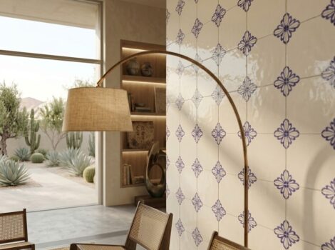 Living room wall featuring Gelosia Blanc Blue Glazed Ceramic Tile in Anaheim.