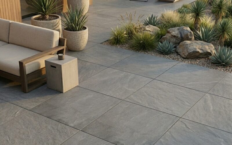 Modern 'New York' style patio with large format, slate textured grey tiles.