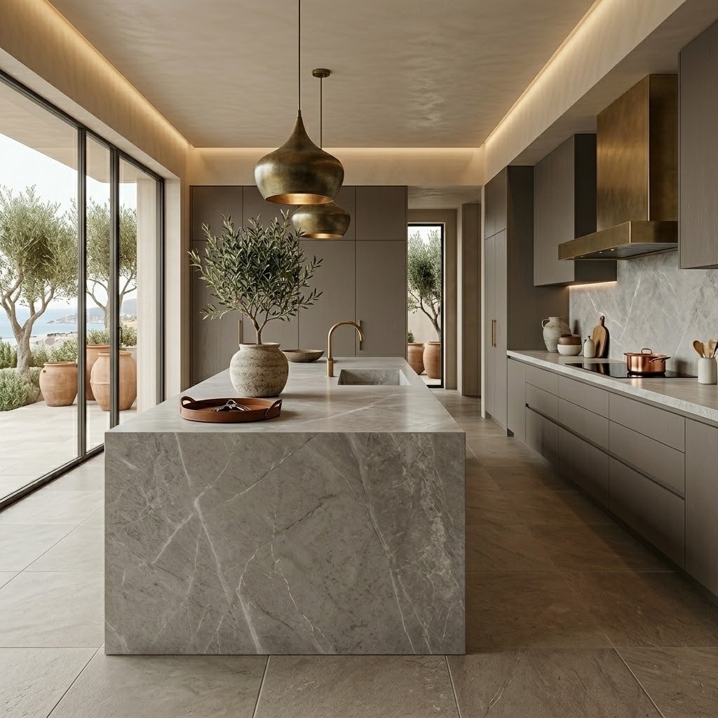 Modern minimalist kitchen featuring an elegant earth toned limestone tile floor and a grey waterfall island, showcasing trending materials from a Pompano Beach tile store.