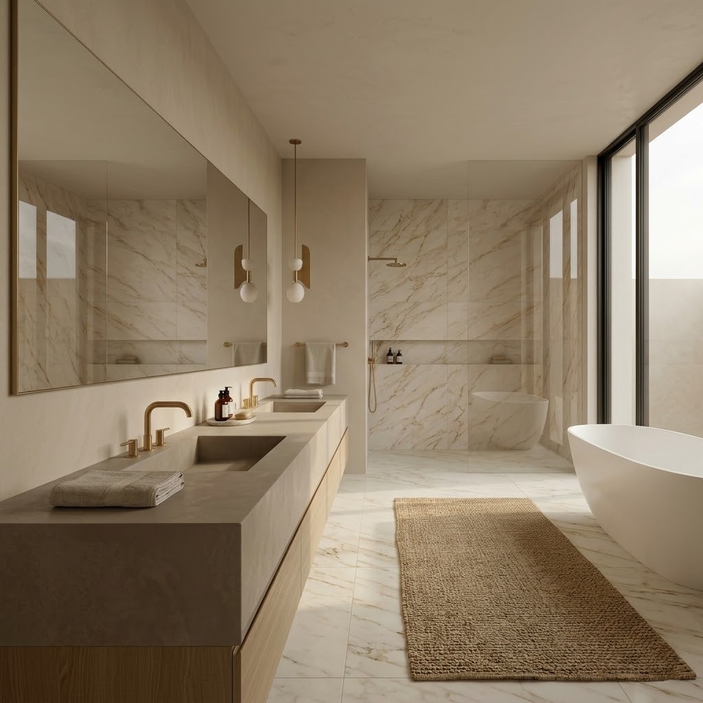 Warm minimalist luxury bathroom in Anaheim featuring elegant Calacatta Amber Honed Marble tile on the walls.