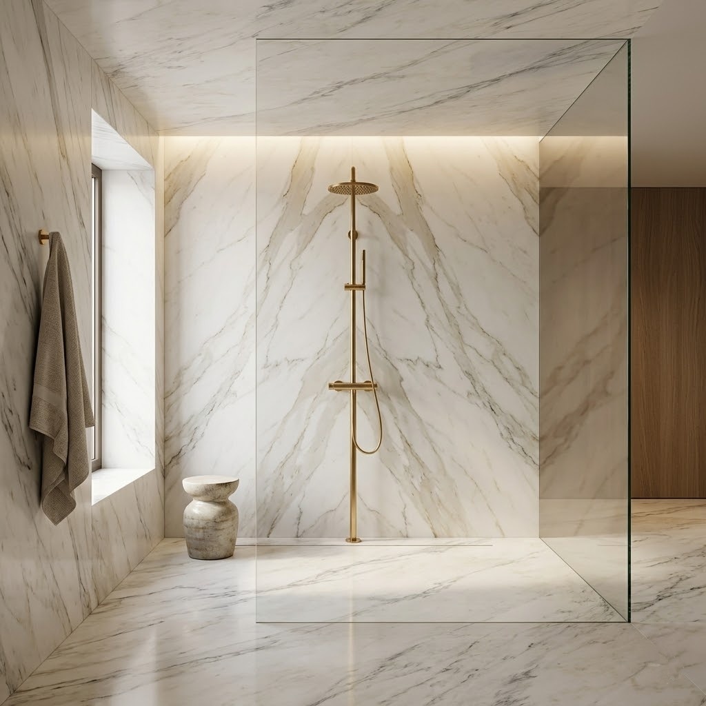Luxury bathroom wet room featuring floor to ceiling Calacatta Bella polished marble tile slabs from a Fairfax stone supplier.