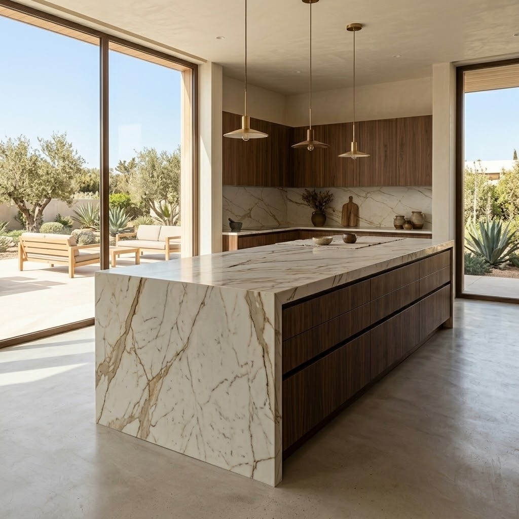 Elegant kitchen design showcasing a polished Calacatta Gold marble island, highlighted as a premier natural stone selection at Fairfax.