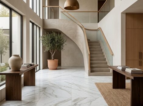 Modern Pompano Beach entryway with polished white marble tile flooring.