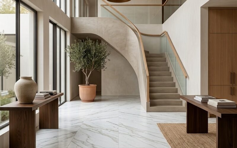 Modern Pompano Beach entryway with polished white marble tile flooring.