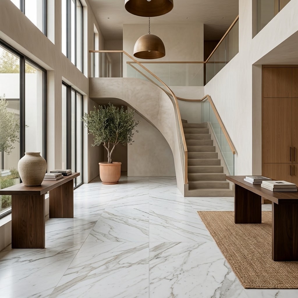 Modern Pompano Beach entryway with polished white marble tile flooring.