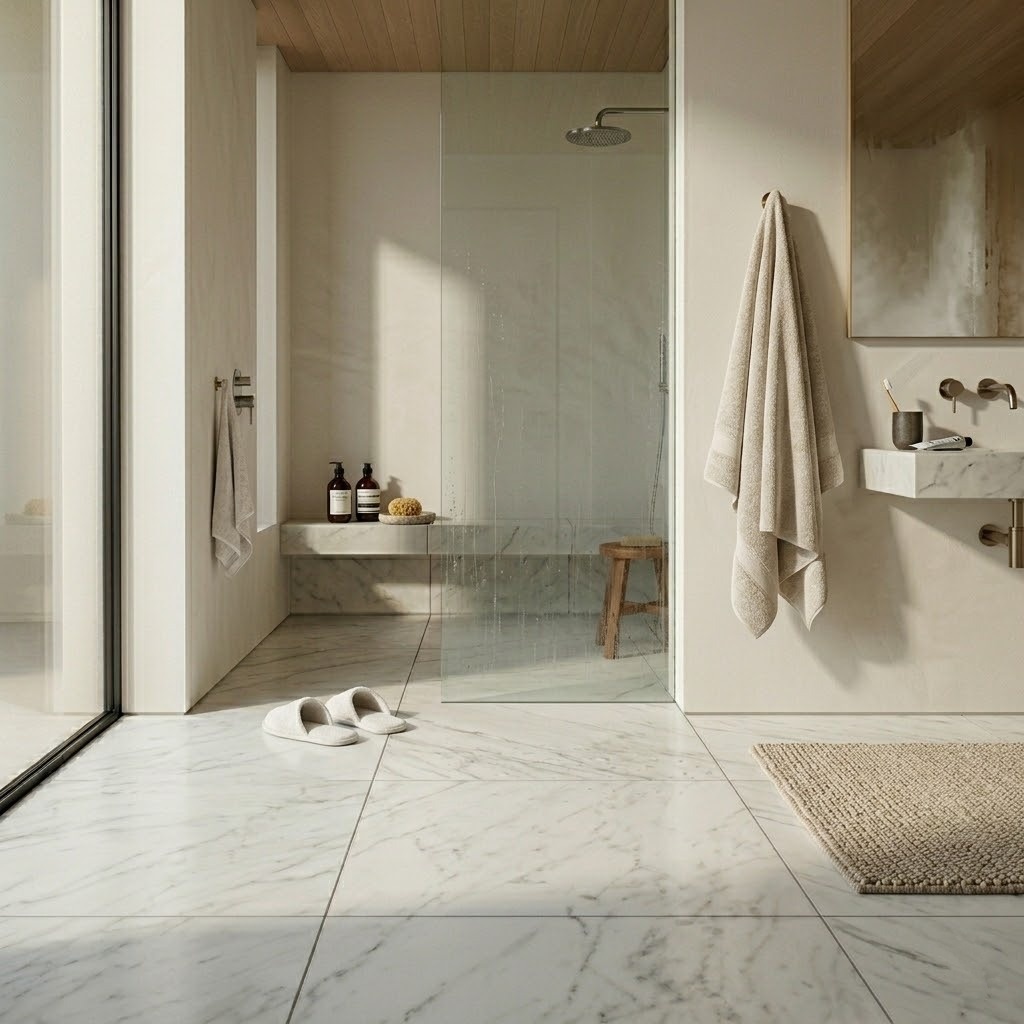 Elegant bathroom installation showcasing Calacatta Bella Honed Marble Tile, featured as a top tile choice at Fairfax.