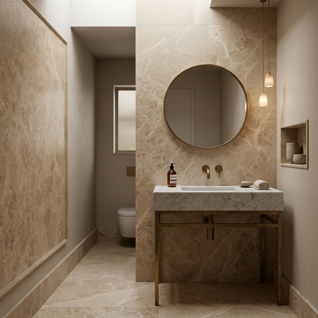 New York luxury powder room featuring Cappuccino honed marble tile on the walls and floor.