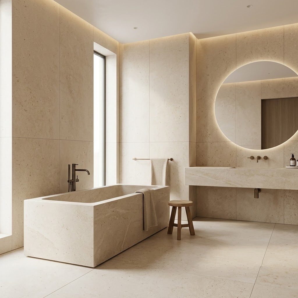 Modern minimalist luxury spa bathroom in Miami featuring warm Champagne Belmont honed limestone slab paneled walls.