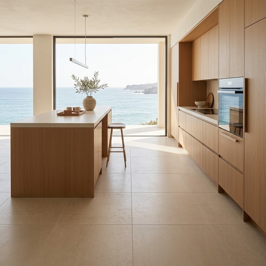 Champagne Honed Limestone tile flooring installed in a modern kitchen overlooking the ocean for a Pompano Beach home.