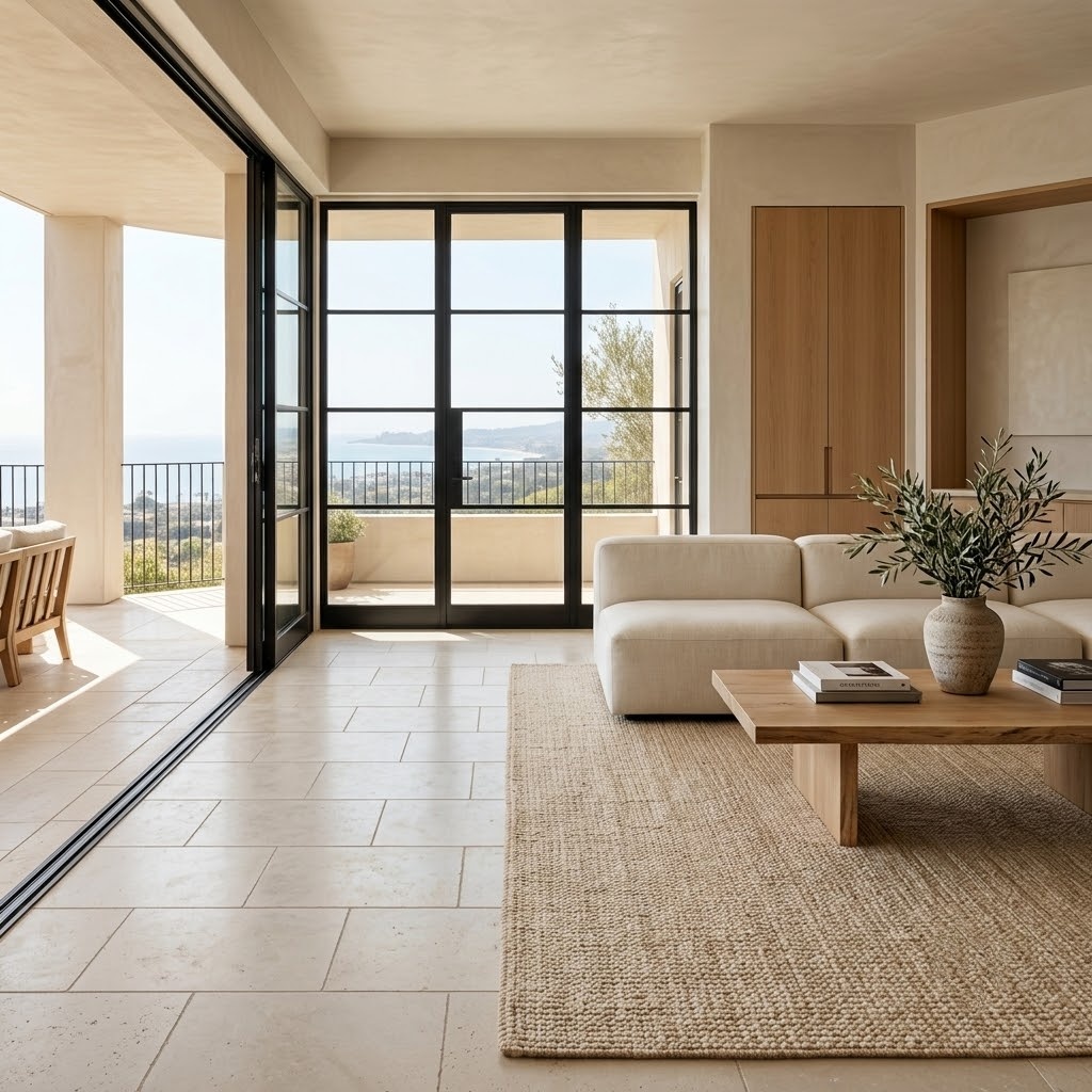 Luxury living room with 12x24 Champagne Honed Limestone tile flooring in a Pompano Beach home.