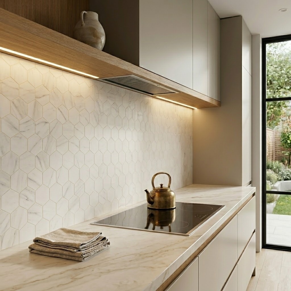 A warm minimalist kitchen in a New Jersey home featuring a luxurious Bianco Dolomiti classic honed marble hexagon tile backsplash.
