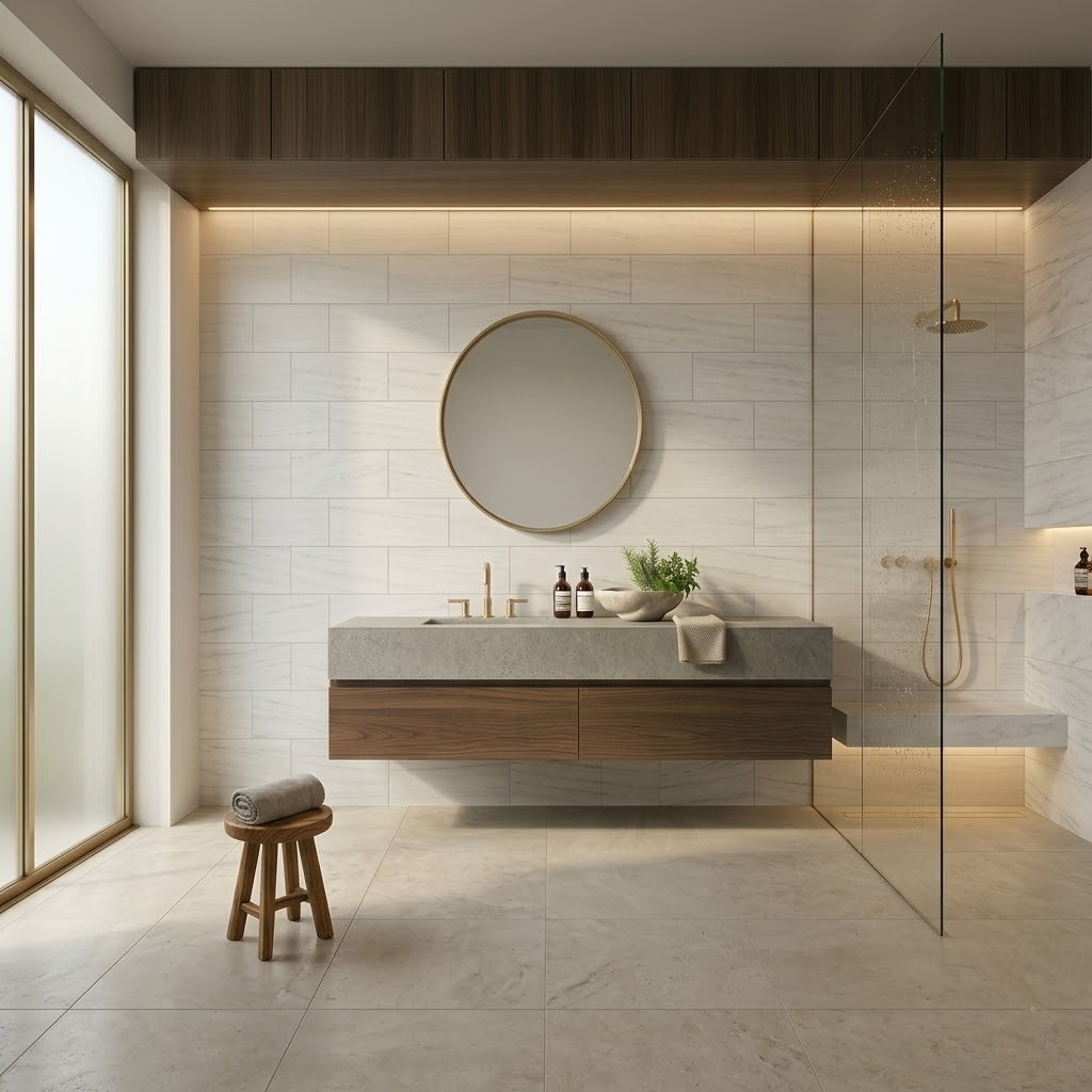 Modern warm minimalist luxury bathroom featuring Bianco Dolomiti Classic Honed Marble Tile backsplash in Anaheim home design.