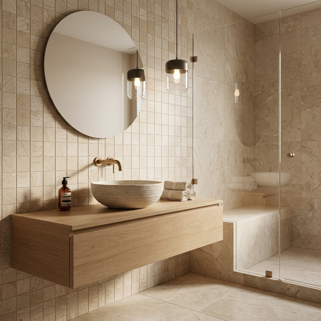 Bathroom renovation in Fairfax featuring a backsplash of Diana Royal Honed 2x2 Marble Mosaic tile.