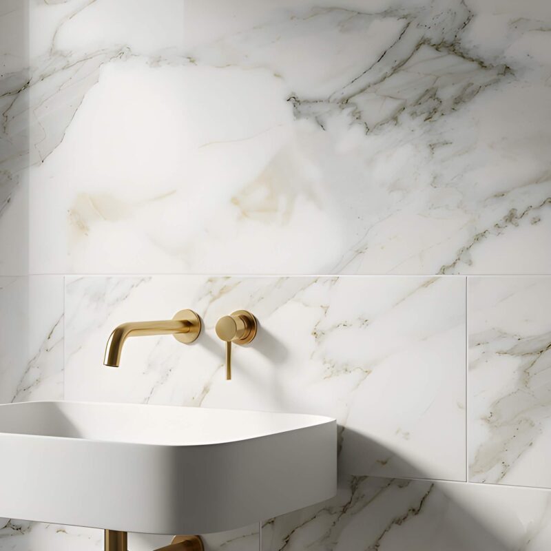 A luxury bathroom in Fairfax featuring polished white Calacatta Gold marble wall tiles.