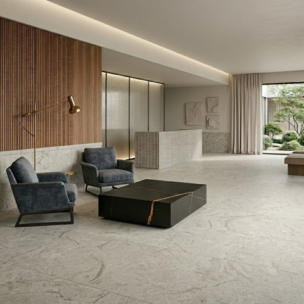Hotel lobby interior featuring Britannia Honed Limestone floor tiles in Anaheim.