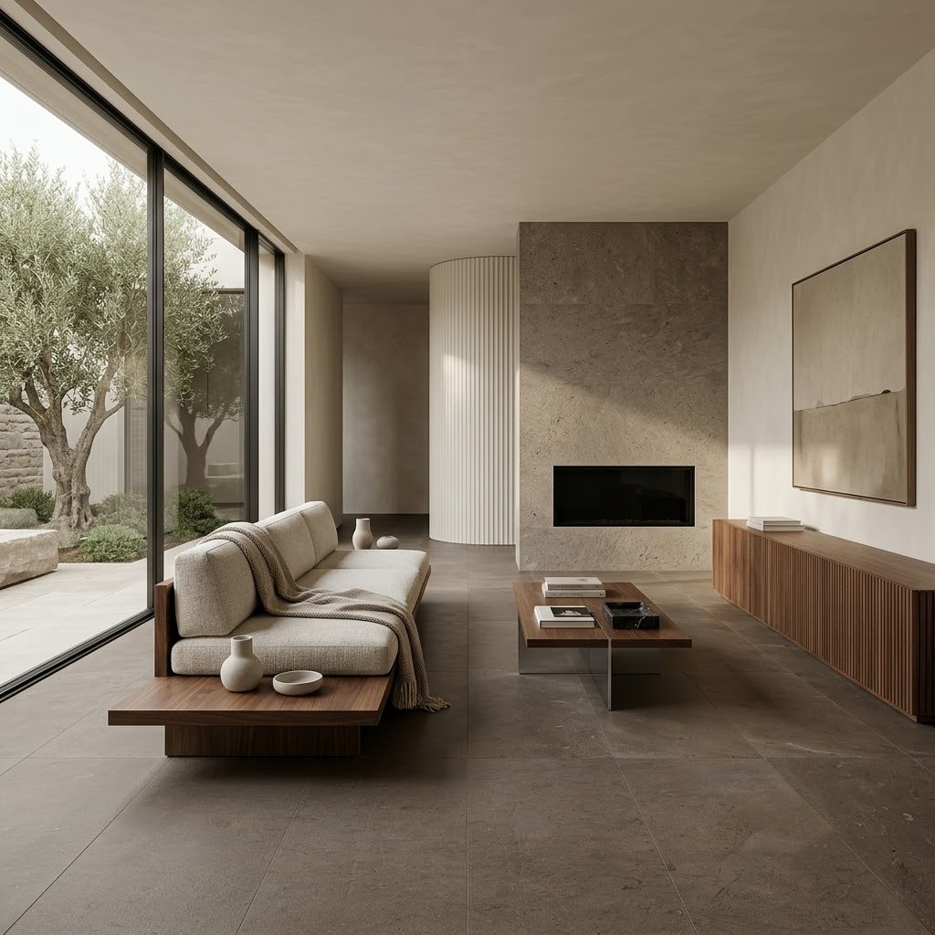 Minimalist New York-style living room with large-format Bosphorus Honed Limestone floor tiles.