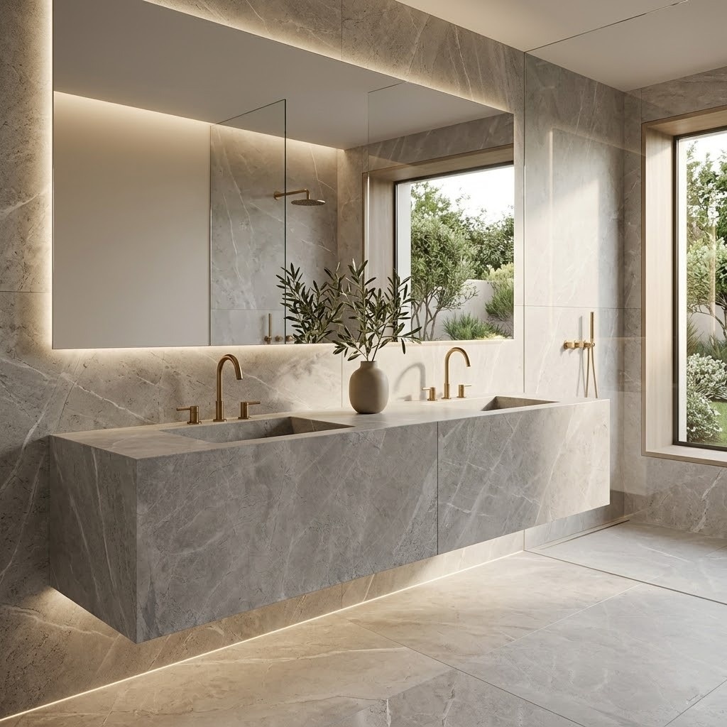 A luxury modern bathroom, rendered in a local New Jersey home, showcasing extensive installations of Gray Marble Tile.