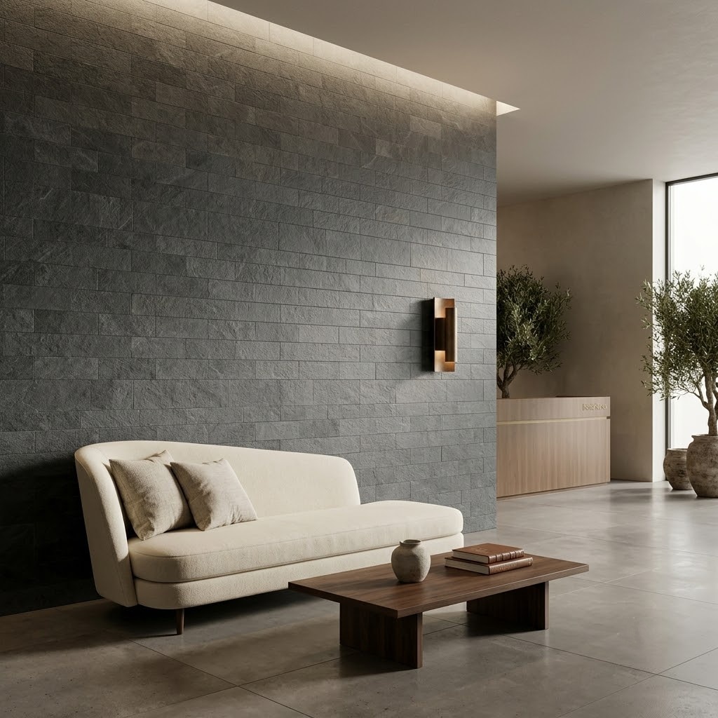 Modern hotel lobby in Fairfax featuring a minimalist accent wall clad in large 12x24 charcoal gray stone-look porcelain mosaic tiles.