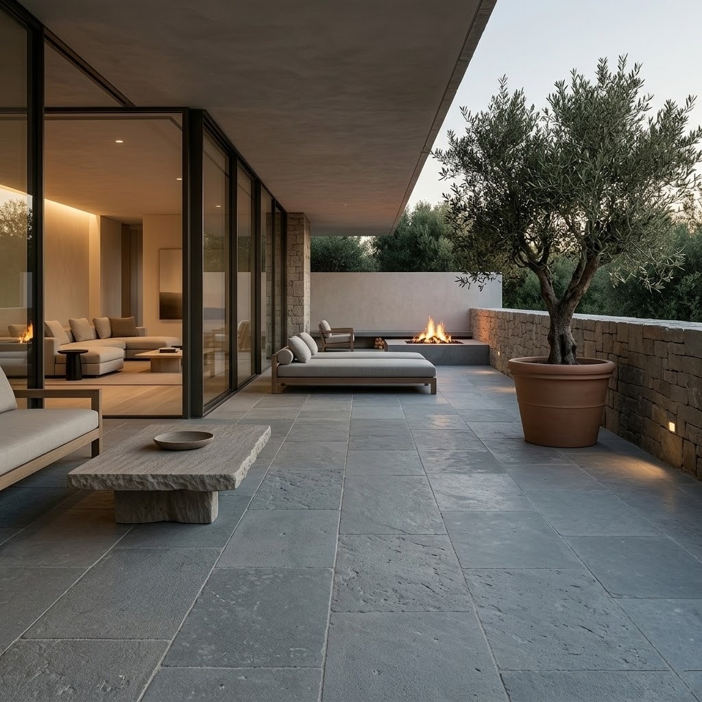 A warm minimalist luxury outdoor patio featuring gray tumbled limestone flooring in a rectangular layout, showcasing a design from Fairfax.