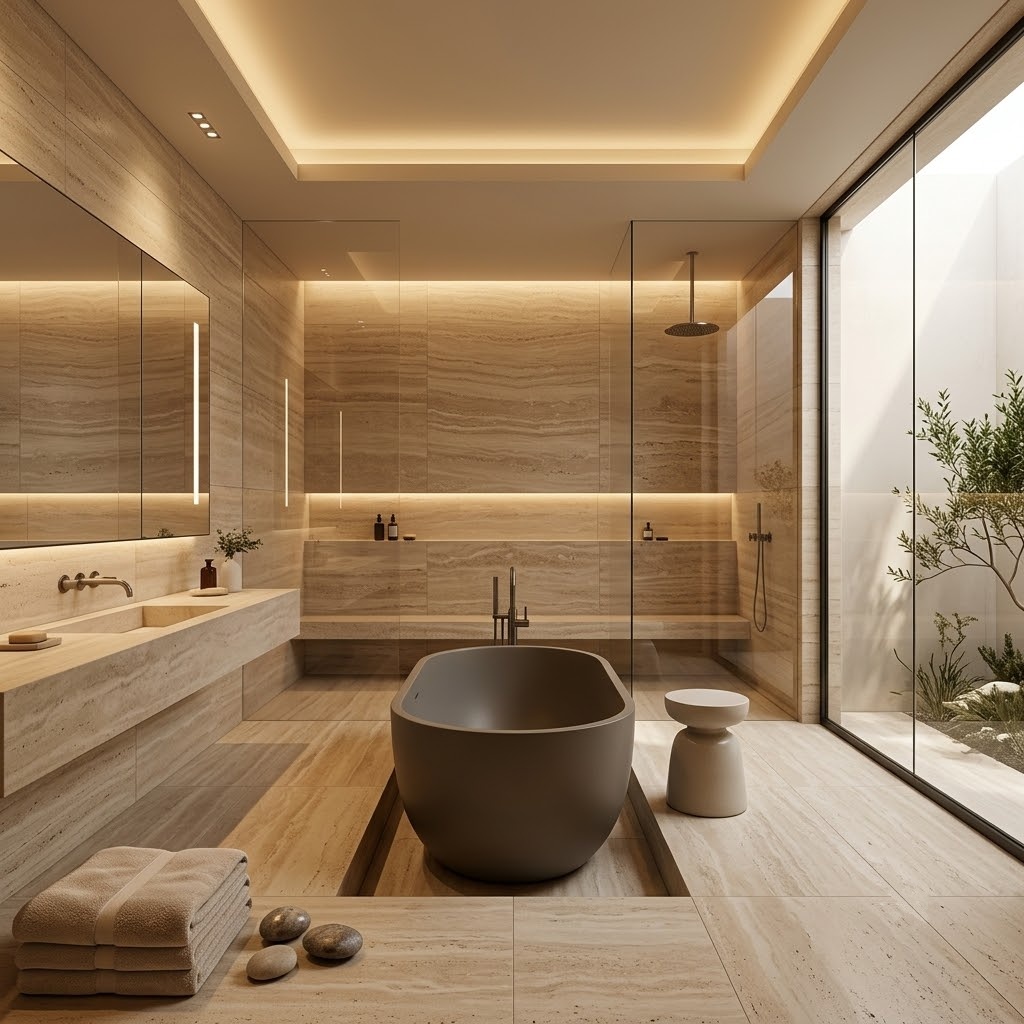 Luxury spa like bathroom featuring Ivory Vein Cut Honed Travertine tiles on walls and floors, designed for a modern New Jersey home.