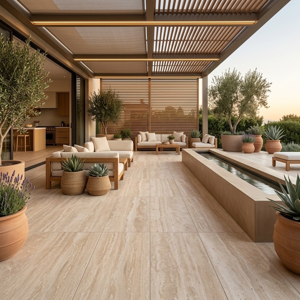 Luxury Pompano Beach patio featuring Ivory Honed Travertine Tile.