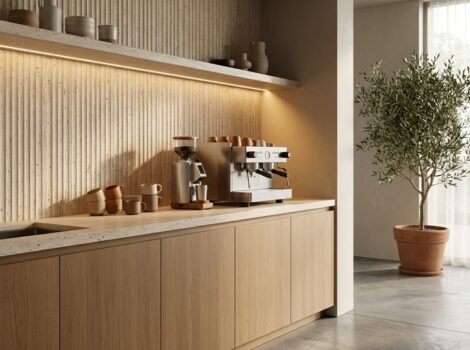 Coffee corner with an Ivory Unfilled Ion Travertine Mosaic tile in a Fairfax home.