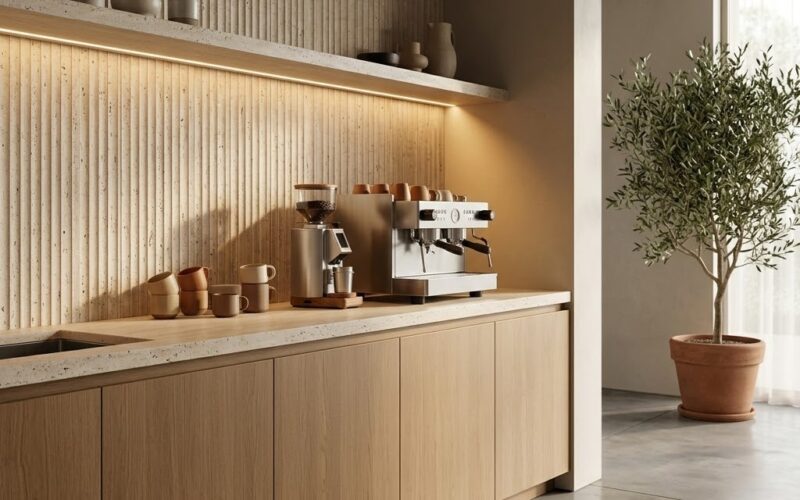 Coffee corner with an Ivory Unfilled Ion Travertine Mosaic tile in a Fairfax home.