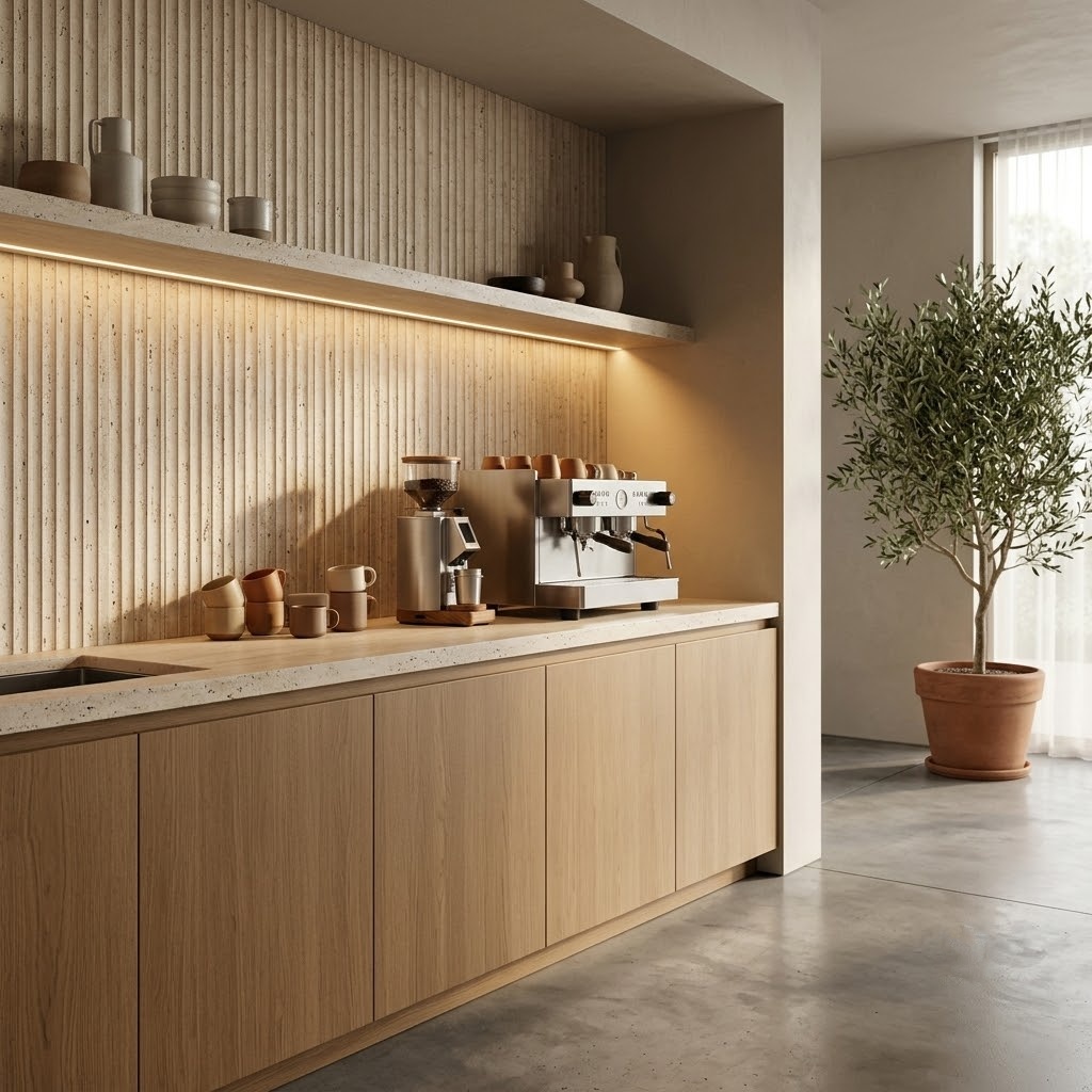Coffee corner with an Ivory Unfilled Ion Travertine Mosaic tile in a Fairfax home.